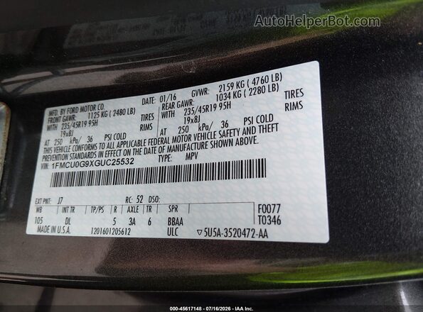 1FMCU0G9XGUC25532 2016 FORD ESCAPE Gray Вид підкапотного простору