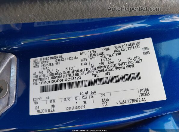1FMCU0GD0HUC28123 2017 FORD ESCAPE Синий Вид подкапотного пространства