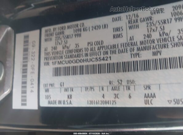 1FMCU0GD0HUC55421 2017 FORD ESCAPE Черный Вид подкапотного пространства