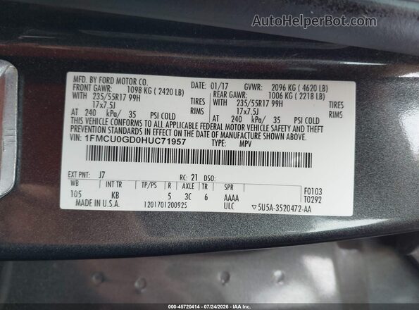 1FMCU0GD0HUC71957 2017 FORD ESCAPE Gray Vista del compartimento del motor