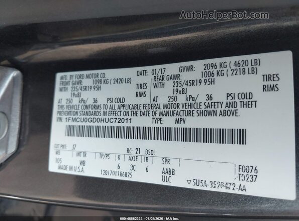1FMCU0GD0HUC72011 2017 FORD ESCAPE Серый Вид подкапотного пространства