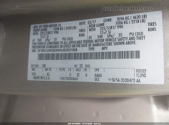 1FMCU0GD0HUD53168 2017 FORD ESCAPE Tan Engine compartment view