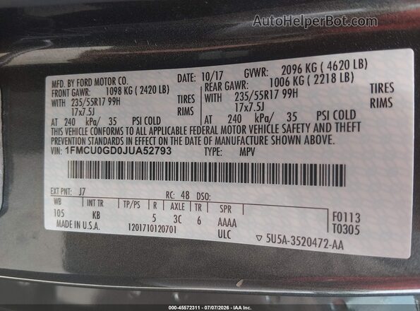 1FMCU0GD0JUA52793 2018 FORD ESCAPE Серый Вид подкапотного пространства