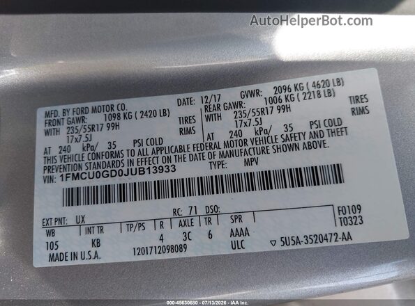 1FMCU0GD0JUB13933 2018 FORD ESCAPE Silver Շարժիչի բաժամունքի տեսք