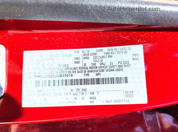 1FMCU0GD0JUB35916 2018 FORD ESCAPE Red Widok naklejki z numerem VIN