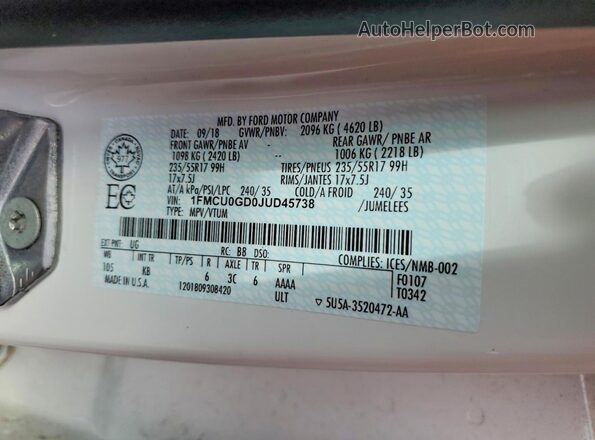 1FMCU0GD0JUD45738 2018 FORD ESCAPE Белый Вид наклейки с VIN-кодом