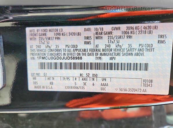 1FMCU0GD0JUD58988 2018 FORD ESCAPE Black VIN sticker view