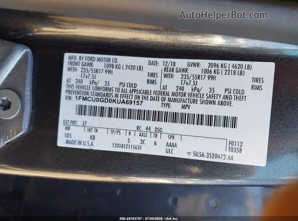 1FMCU0GD0KUA69157 2019 FORD ESCAPE Серый Вид подкапотного пространства