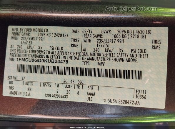 1FMCU0GD0KUB24478 2019 FORD ESCAPE Gray Vista del compartimento del motor