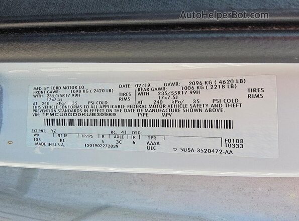 1FMCU0GD0KUB30989 2019 FORD ESCAPE White Engine compartment view