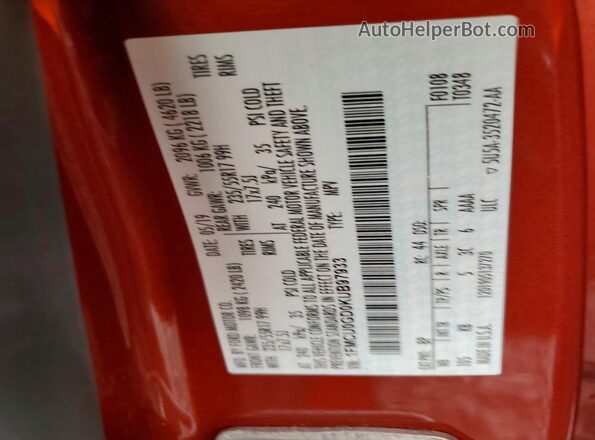 1FMCU0GD0KUB97933 2019 FORD ESCAPE Orange Вид наклейки з VIN-кодом