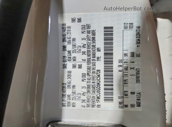 1FMCU0GD0KUC54728 2019 FORD ESCAPE White Engine compartment view
