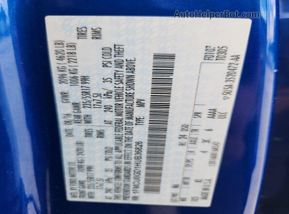 1FMCU0GD1HUB36826 2017 FORD ESCAPE Blue Vista de la etiqueta del VIN