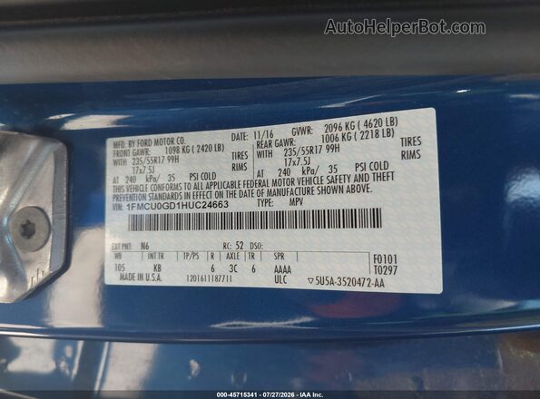 1FMCU0GD1HUC24663 2017 FORD ESCAPE Синий Вид подкапотного пространства