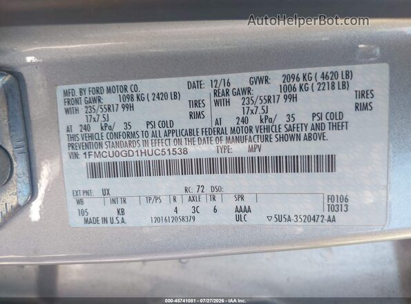 1FMCU0GD1HUC51538 2017 FORD ESCAPE Серебряный Вид подкапотного пространства