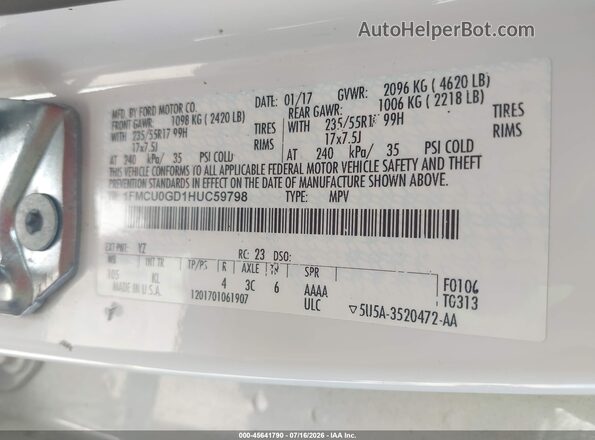 1FMCU0GD1HUC59798 2017 FORD ESCAPE Белый Вид подкапотного пространства