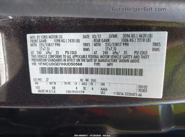 1FMCU0GD1HUD50568 2017 FORD ESCAPE Black Widok komory silnika