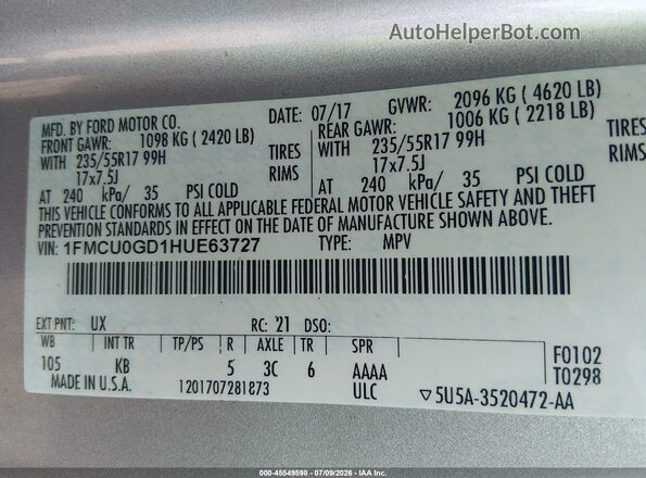 1FMCU0GD1HUE63727 2017 FORD ESCAPE Gray Շարժիչի բաժամունքի տեսք