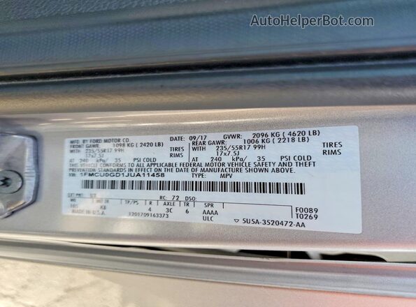 1FMCU0GD1JUA11458 2018 FORD ESCAPE Silver VIN կոդի պիտակի տեսք