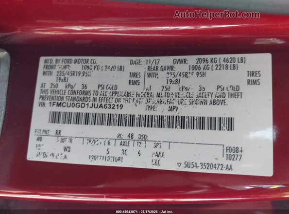 1FMCU0GD1JUA63219 2018 FORD ESCAPE Red ძრავის განყოფილების ხედი