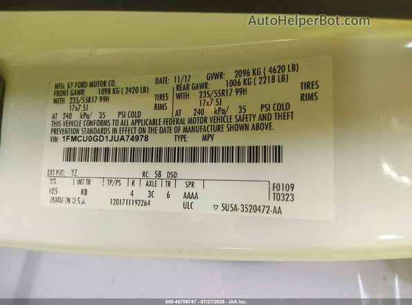 1FMCU0GD1JUA74978 2018 FORD ESCAPE White Widok komory silnika