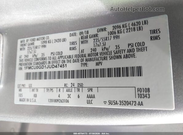 1FMCU0GD1JUD47451 2018 FORD ESCAPE Silver Շարժիչի բաժամունքի տեսք