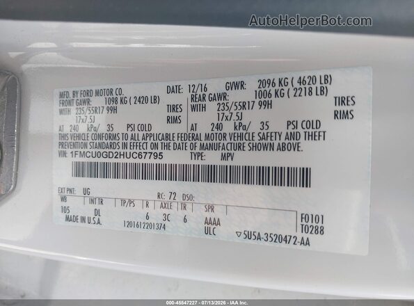 1FMCU0GD2HUC67795 2017 FORD ESCAPE White Вид підкапотного простору