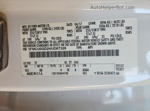 1FMCU0GD2HUD67329 2017 FORD ESCAPE White VIN կոդի պիտակի տեսք