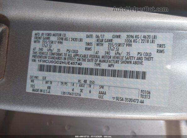 1FMCU0GD2HUE45740 2017 FORD ESCAPE Silver Vista del compartimento del motor