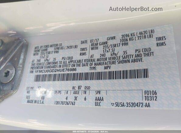1FMCU0GD2HUE76986 2017 FORD ESCAPE White Շարժիչի բաժամունքի տեսք