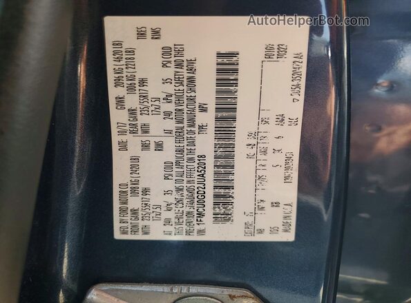 1FMCU0GD2JUA52018 2018 FORD ESCAPE Blue Vista de la etiqueta del VIN