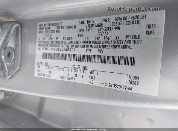 1FMCU0GD2JUA65707 2018 FORD ESCAPE Серебряный Вид подкапотного пространства