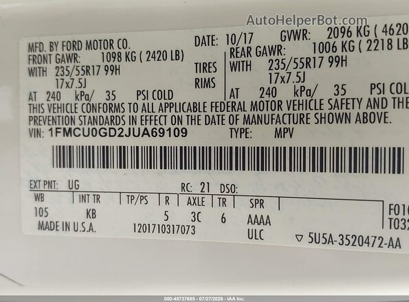 1FMCU0GD2JUA69109 2018 FORD ESCAPE Белый Вид подкапотного пространства