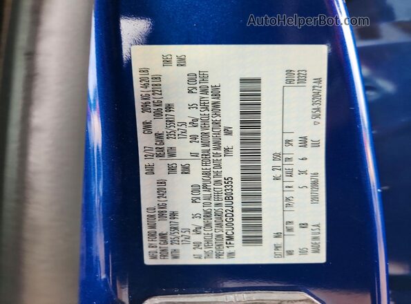 1FMCU0GD2JUB03355 2018 FORD ESCAPE Синий Вид наклейки с VIN-кодом