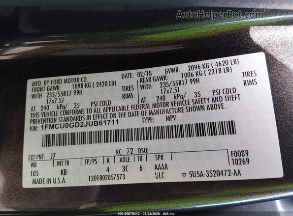 1FMCU0GD2JUB61711 2018 FORD ESCAPE Gray Widok komory silnika
