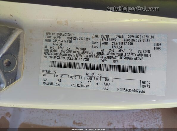 1FMCU0GD2JUC11720 2018 FORD ESCAPE White Вид підкапотного простору