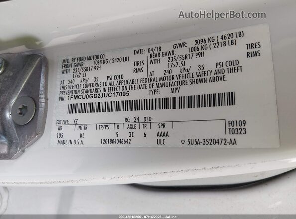 1FMCU0GD2JUC17095 2018 FORD ESCAPE White Շարժիչի բաժամունքի տեսք