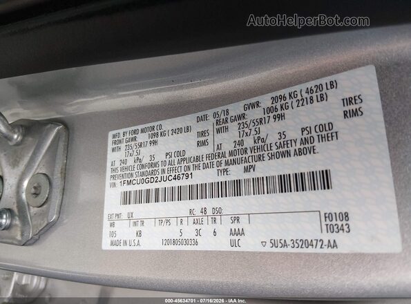1FMCU0GD2JUC46791 2018 FORD ESCAPE Silver Vista del compartimento del motor