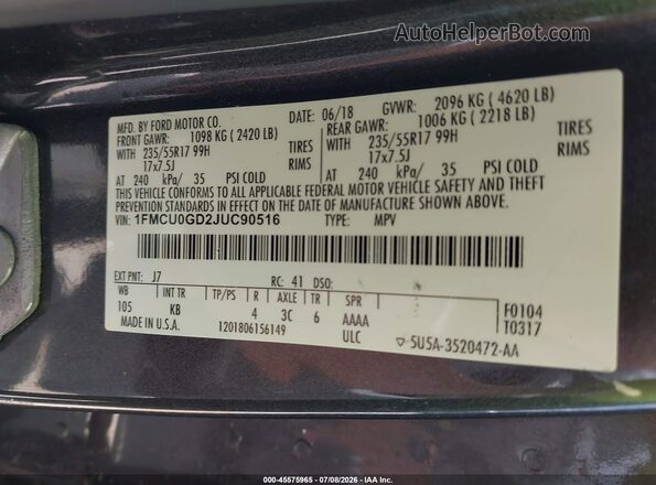 1FMCU0GD2JUC90516 2018 FORD ESCAPE Gray Widok komory silnika