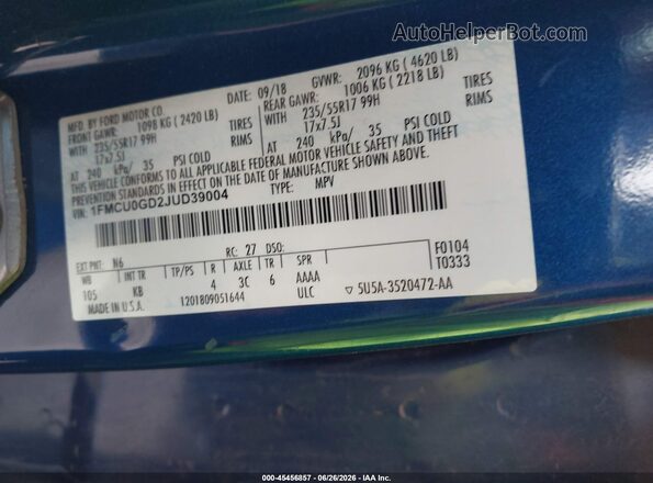 1FMCU0GD2JUD39004 2018 FORD ESCAPE Синий Вид подкапотного пространства