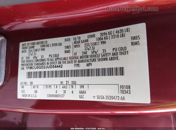 1FMCU0GD2JUD54442 2018 FORD ESCAPE Красный Вид подкапотного пространства