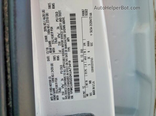 1FMCU0GD2KUA73419 2019 FORD ESCAPE White VIN კოდის სტიკერის ხედი