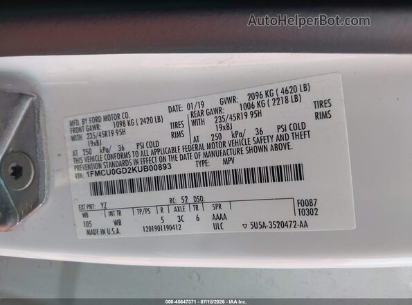 1FMCU0GD2KUB00893 2019 FORD ESCAPE White Вид підкапотного простору