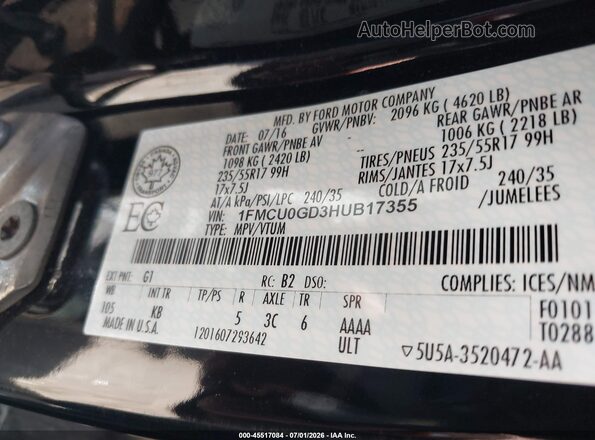 1FMCU0GD3HUB17355 2017 FORD ESCAPE Black Vista del compartimento del motor