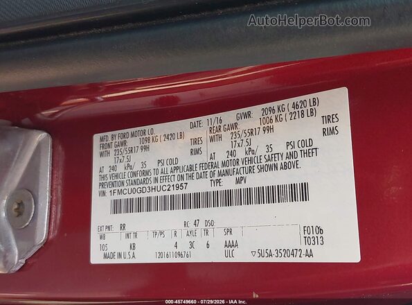 1FMCU0GD3HUC21957 2017 FORD ESCAPE Красный Вид подкапотного пространства