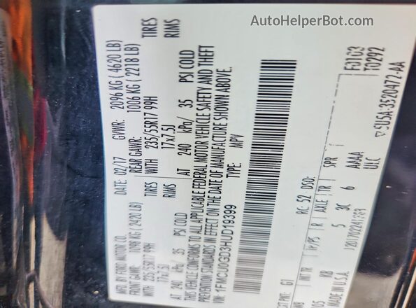 1FMCU0GD3HUD19399 2017 FORD ESCAPE Black VIN sticker view