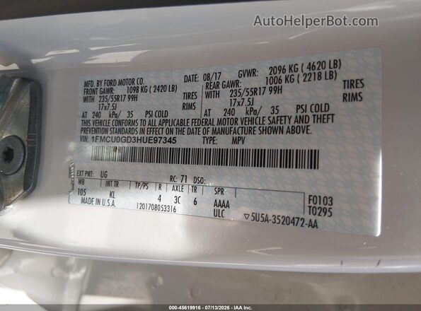 1FMCU0GD3HUE97345 2017 FORD ESCAPE White Vista del compartimento del motor
