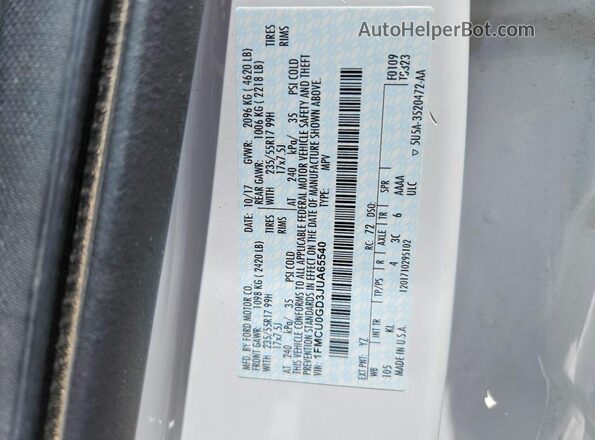 1FMCU0GD3JUA65540 2018 FORD ESCAPE White VIN sticker view