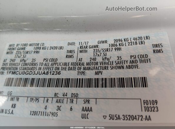 1FMCU0GD3JUA81236 2018 FORD ESCAPE White Вид підкапотного простору