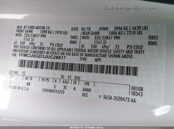 1FMCU0GD3JUC28817 2018 FORD ESCAPE White Engine compartment view